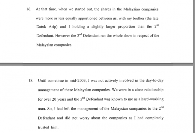 Tufail did not invest money or bother to manage the businesses.  But he was always a signatory to cheques and held more shares... because his job was to get timber concessions off his brother!