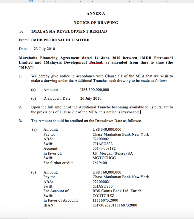 Annex A - during the September negotiations two options were offered to 1MDB to divide either 300/200 or 320/160 - since the $40 million could be 're-balanced' later