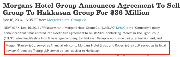 Greenberg Traurig also represented Hakkasan