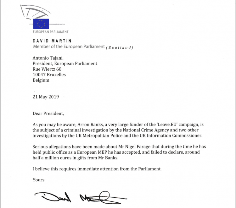 Letter of complaint to the European Parliament over Farage's half million in undeclared emoliuments from Russia connected businessman Aaron Banks
