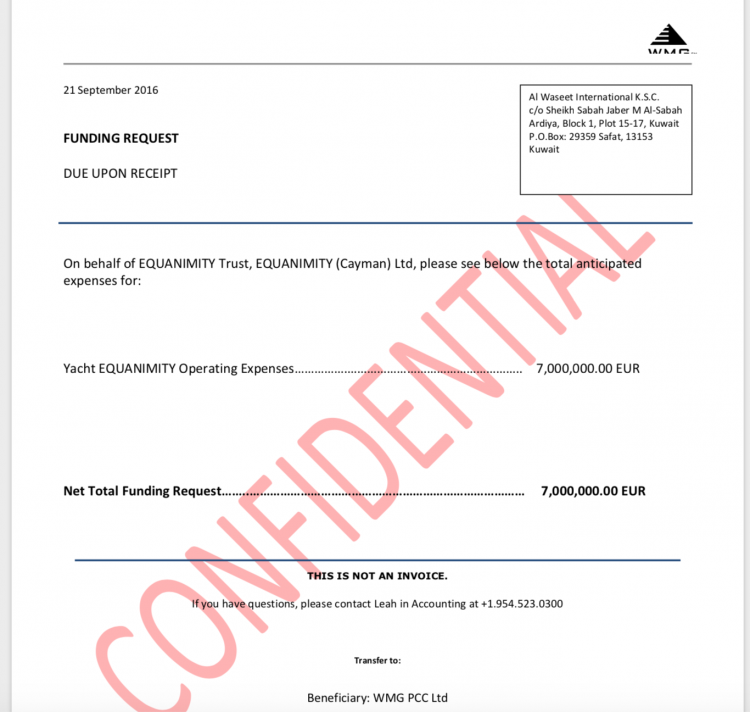 For the management of Equanimity - request for payment was made to Sheikh Sabah, although Jho Low was the known owner of the yacht