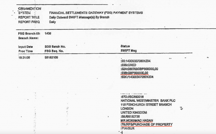 One of three payments of £500k/cRM250 made 3rd July 2008 towards Tok Mat's RM10m / £1.5m London property purchase